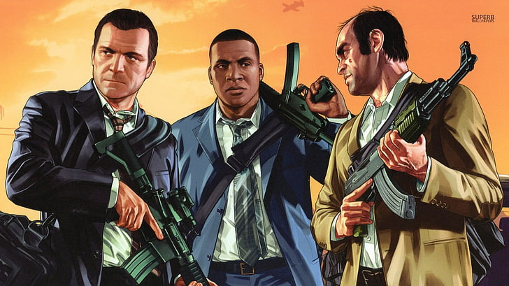 GTA Five wallpaper, Grand Theft Auto V, machine gun, men, people