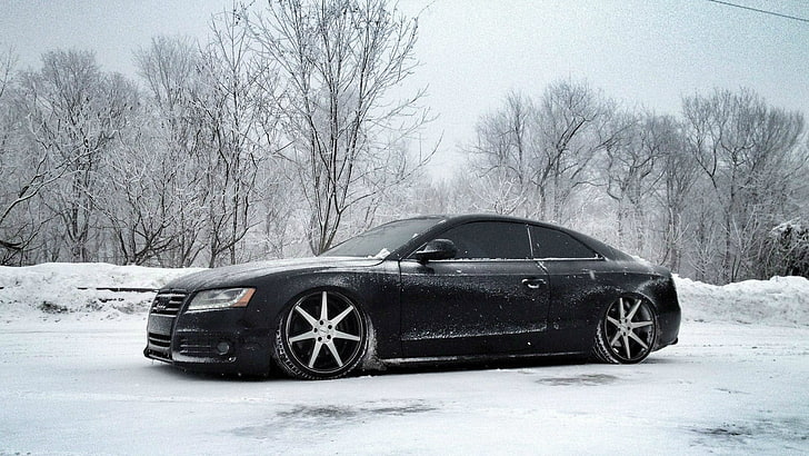 black coupe, Winter, Audi, Snow, Tuning, Drives, Audi S5, Vossen, HD wallpaper