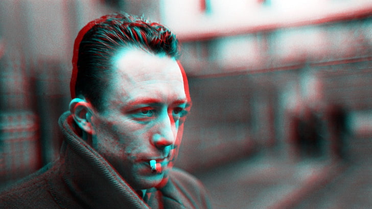 men's black jacket, Albert Camus, anaglyph 3D, writers, cigarettes