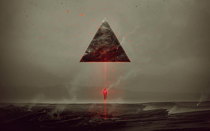 gray triangle illustration, pyramid, sea, artwork, paint splatter