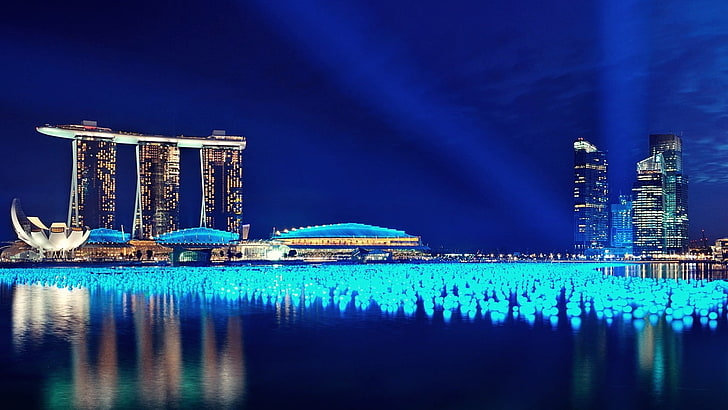 Marina Bay Sands, Singapore, building, lights, glowing, Asia, HD wallpaper