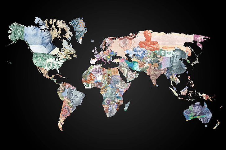 world map illustration, money, dollars, euros, studio shot, black background