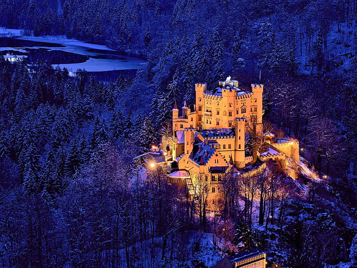 Hohenschwangau Castle, architecture, germany, attractions, world, night, winter, forest, HD wallpaper