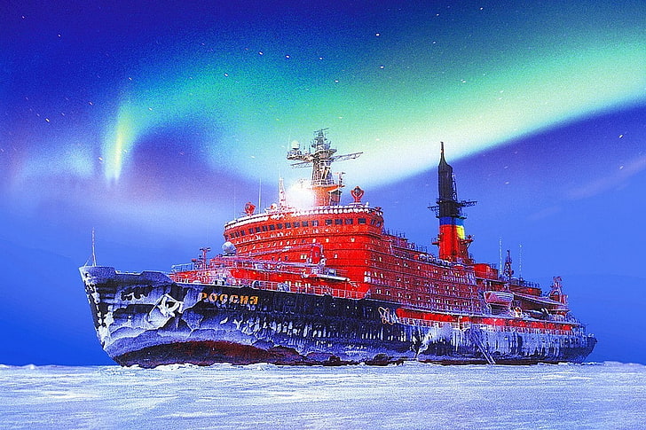 ship, Nuclear-powered icebreaker, night, nautical vessel, star - space