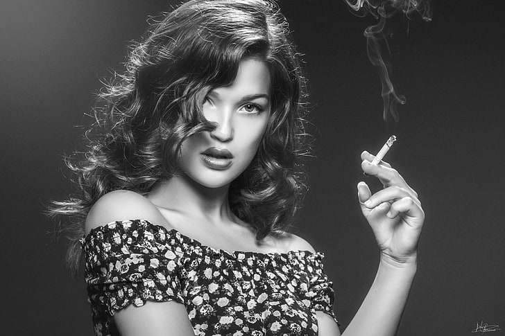 smoking, monochrome, women, model, beautiful woman, fashion, HD wallpaper