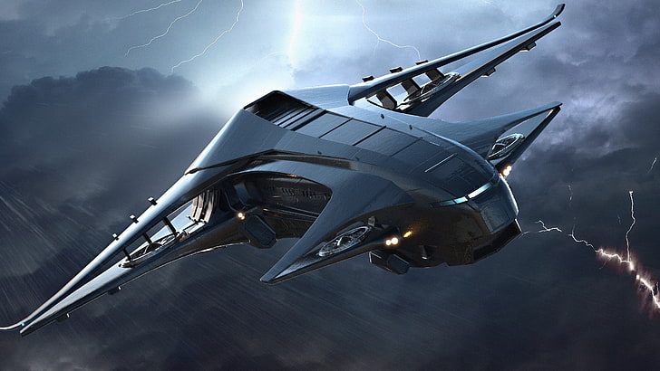 black jet plane, science fiction, spaceship, Star Citizen, flying