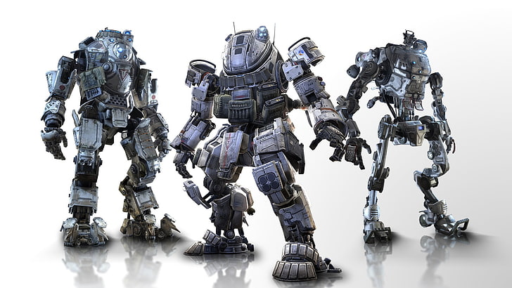 three gray robot action figures, Titanfall, mech, video games