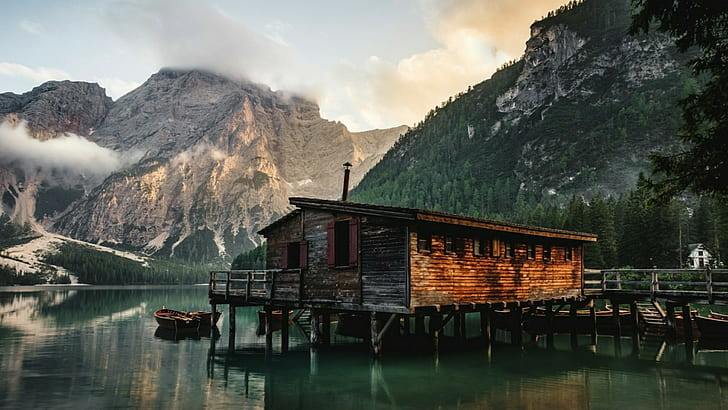 landscape, boat, lake prags, mountain village, bungalow, cabin, HD wallpaper