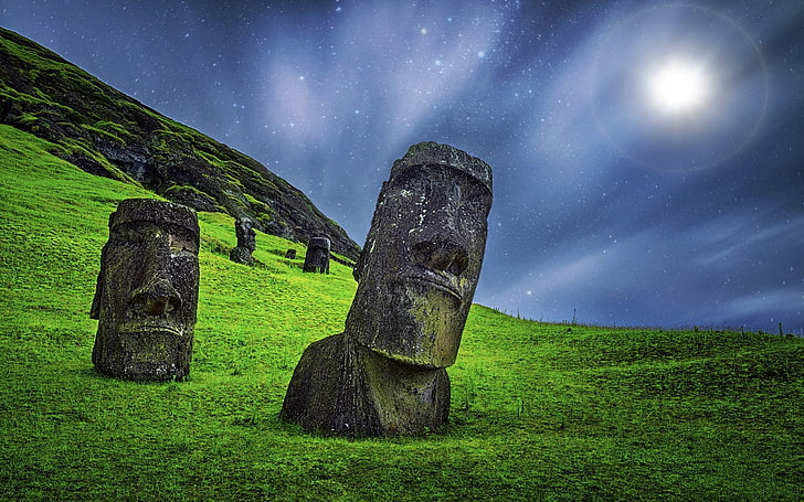 Moai statues, nature, landscape, sculpture, starry night, grass
