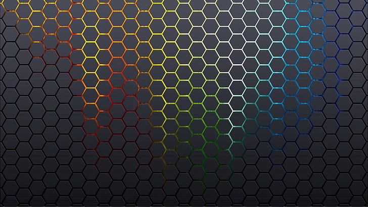 Glowing hexagon pattern, blue white yellow and green mesh decor, HD wallpaper