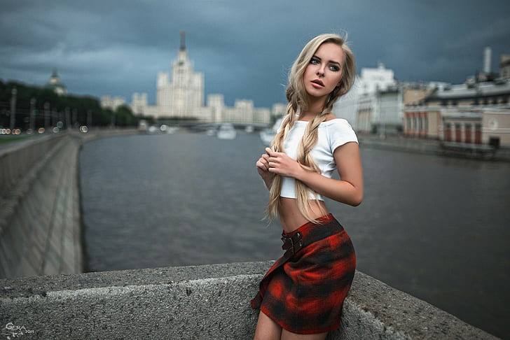 skirt, model, looking away, Georgy Chernyadyev, braids, river, HD wallpaper