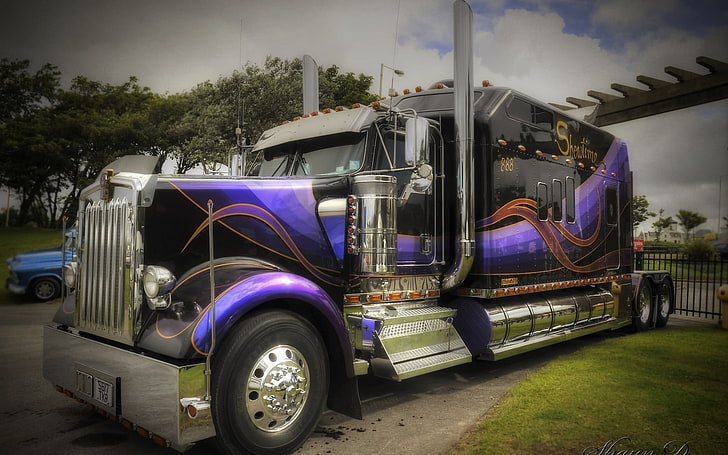 purple and black Freight truck, Kenworth, trucks, vehicle, mode of transportation, HD wallpaper