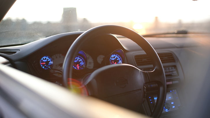 black Nissan steering wheel, Silvia S14, Kouki, speedometer, depth of field