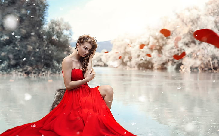 Red dress girl, lake, leg, makeup, HD wallpaper