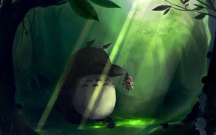 Totoro digital wallpaper, Kodama, forest, anime, Studio Ghibli