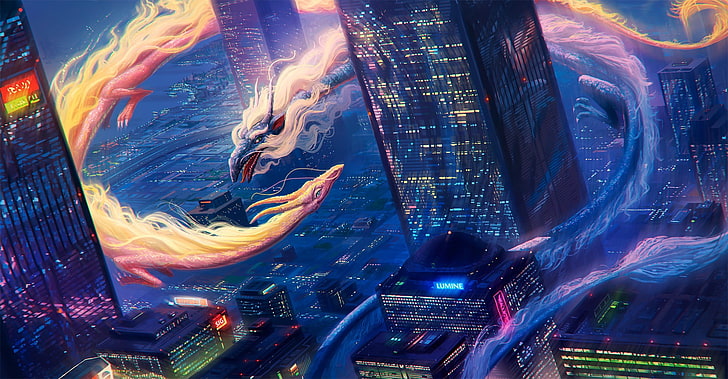 videogame screenshot, cityscape, dragon, blue, yellow, fire, water