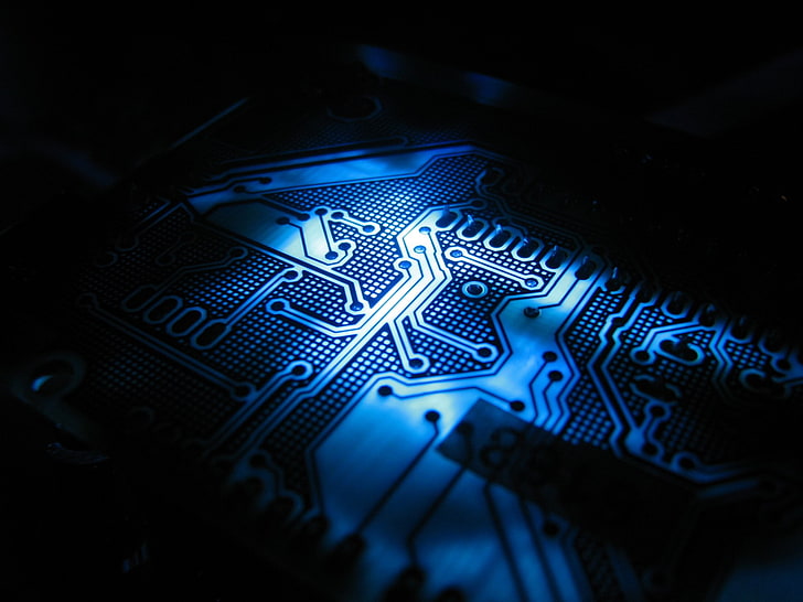 blue and black circuit board, PCB, geometry, technology, computer chip, HD wallpaper