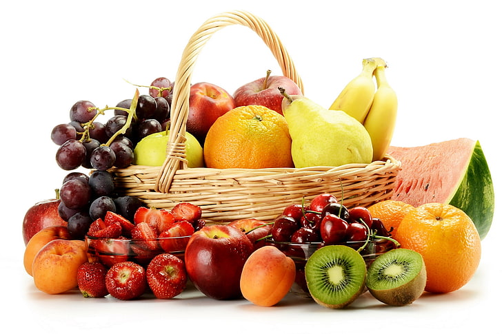 assorted fruits, different, many, basket, food, grape, banana, HD wallpaper