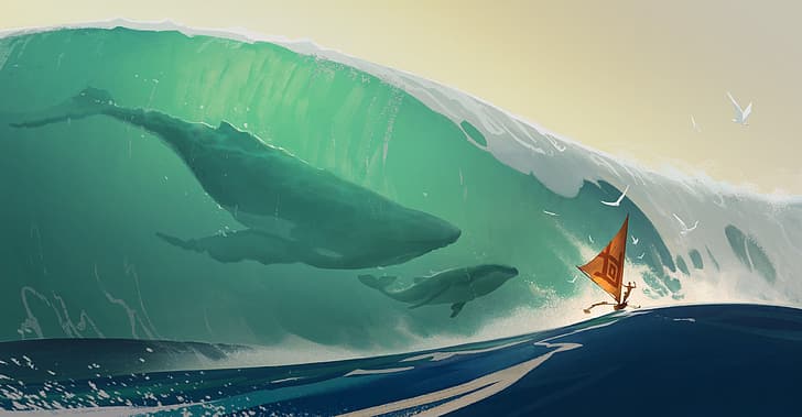 Tuomas Korpi, digital art, whale, waves, sailing ship, birds, HD wallpaper