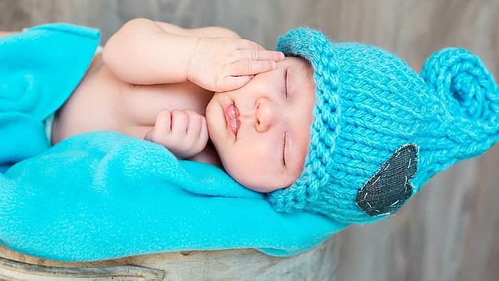 teal and white knitted textile, baby, woolly hat, child, childhood, HD wallpaper