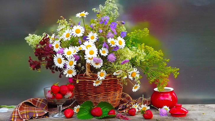 Strawberry Mood, lovely, fruits, nice, freshness, beautiful, daisies, HD wallpaper