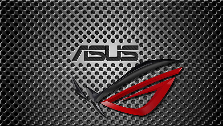 Asus logo, brand, rog, metallic, backgrounds, steel, hole, perforated