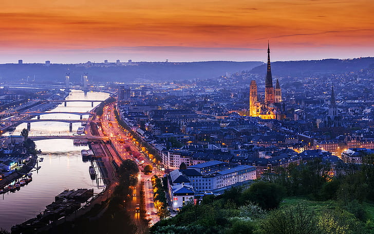 the city, lights, the evening, Normandy, Rouen, France