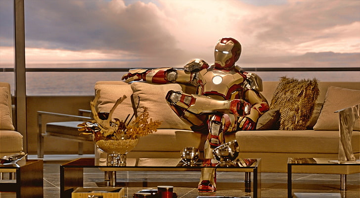 Iron Man 3, Iron Man suit, Movies, Couch, 2013, sky, sea, cloud - sky, HD wallpaper