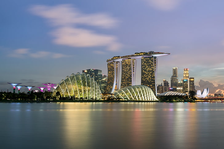 Marina Bay Sand in skyline photography at night, singapore, skyscrapers, HD wallpaper