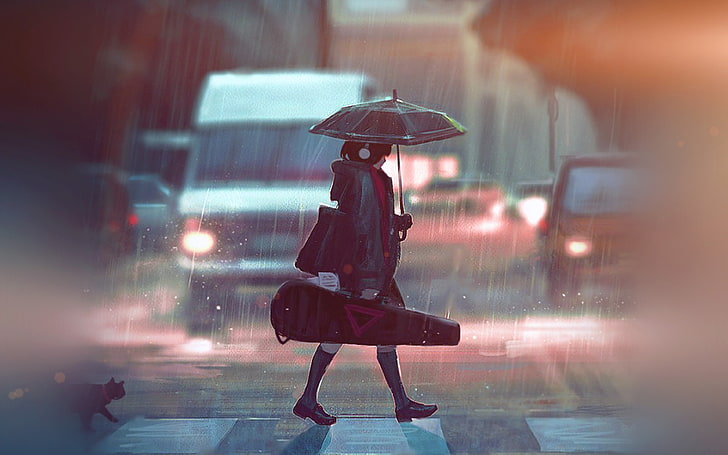 rainy, day, anime, paint, girl, art, illustration, flare, wet, HD wallpaper