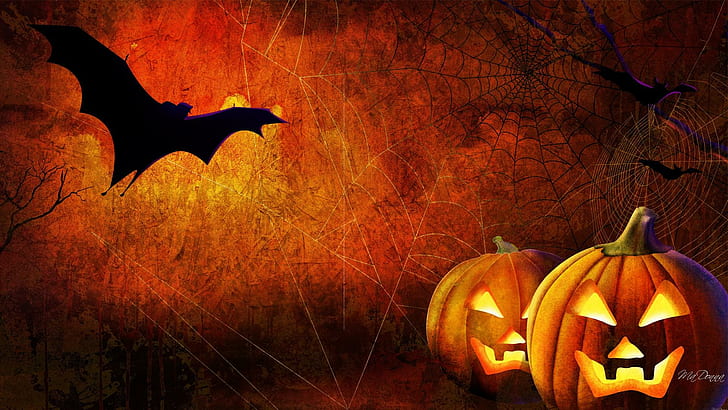 Bats and Jacks, bat and pumpkin haloween theme poster, pumpkins, HD wallpaper