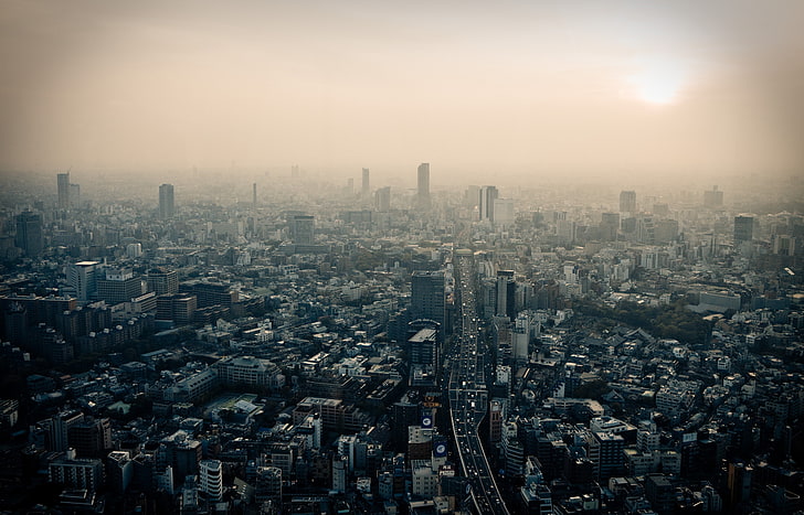 high-rise buildings, Tokyo, Japan, city, dusk, smog, cityscape, HD wallpaper