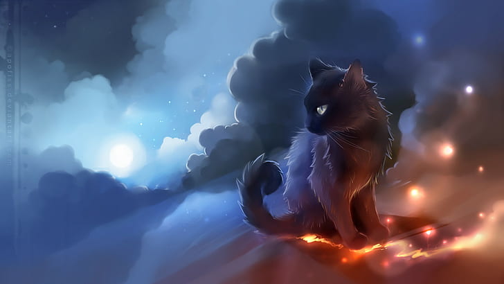 Apofiss Cat on Clouds HD, black cat animation, animals, artwork