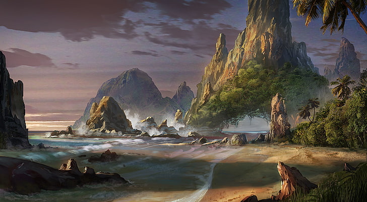 rock formations near sea painting, beach, landscape, rocks, art, HD wallpaper