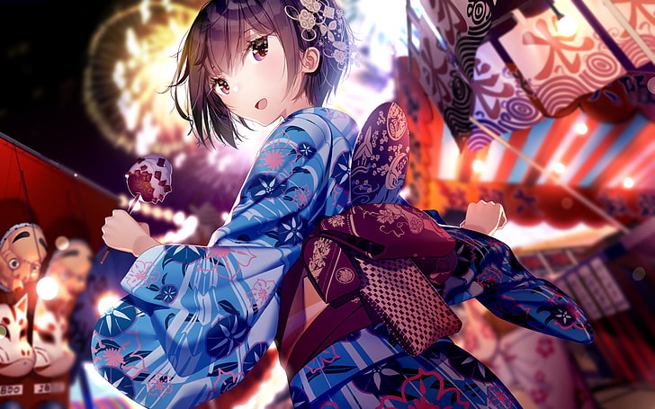 anime girl, kimono, festival, smiling, ribbon, short hair, childhood