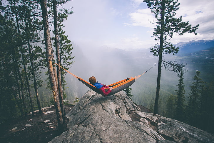 gray and orange hammock, landscape, hammocks, vacation, relaxing