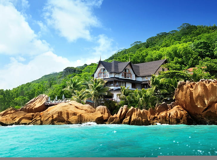 Hotel on Island Seychelles, beach, trees, house, stones, ocean