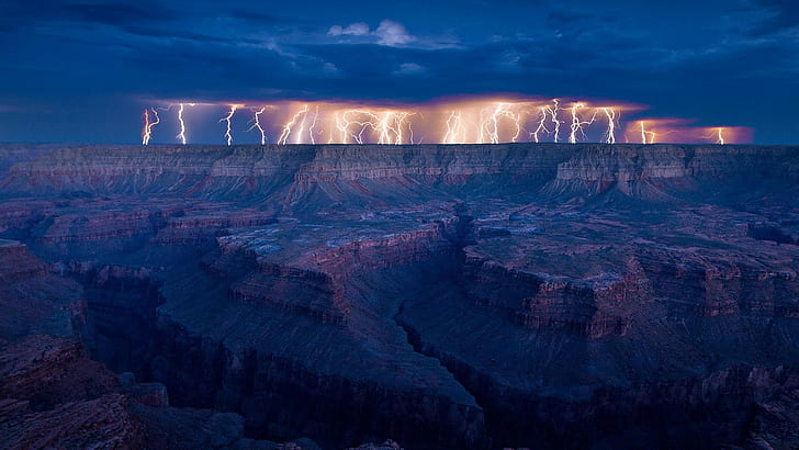 nature, lightning, storm, Grand Canyon, landscape