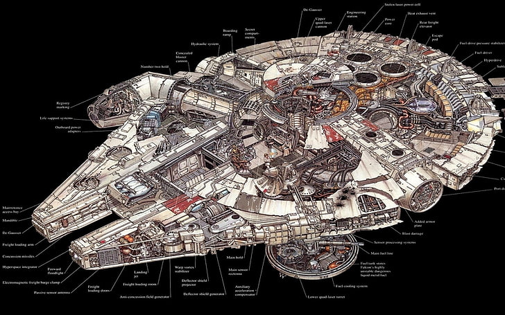 Star Wars Millennium Falcon, spaceship, science fiction, large group of objects