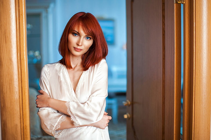 Liliya Sergeeva, depth of field, redhead, bathrobes, portrait, HD wallpaper