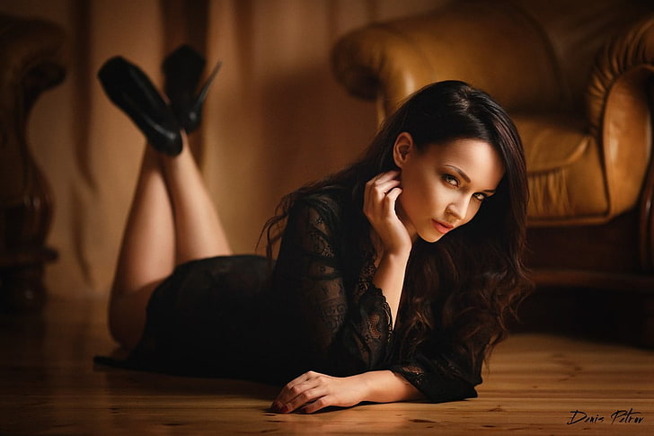 women's black dress, Angelina Petrova, on the floor, high heels, HD wallpaper