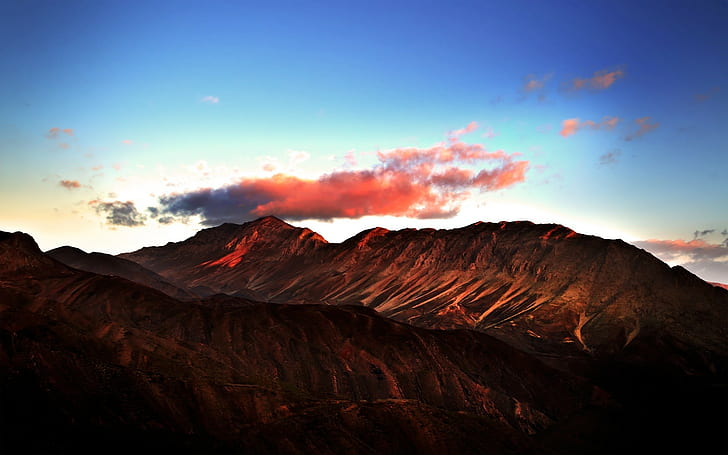 valley, mountains, landscape, nature, sunrise, sky, orange, HD wallpaper