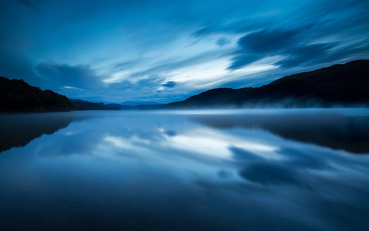 UK, England, nature reserve, lake, evening, water, mist, blue, sky, clouds, HD wallpaper