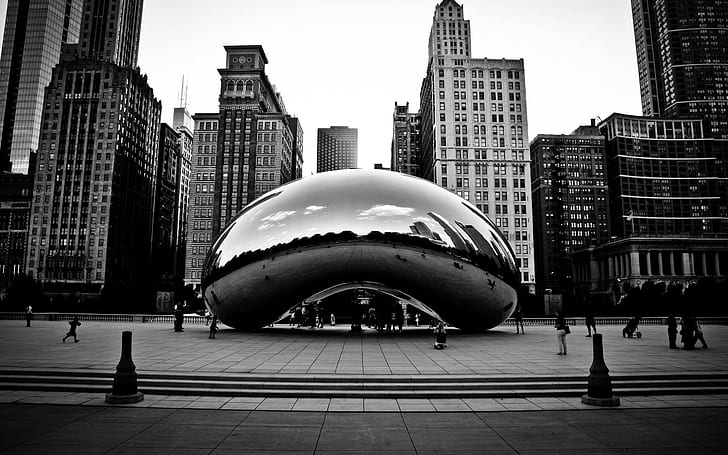 cityscape, Chicago, monochrome, reflection, sculpture, Cloud Gate, HD wallpaper
