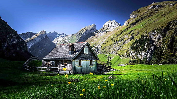 HD wallpaper: gray wooden house, nature, landscape, cabin, mountains, grass  | Wallpaper Flare