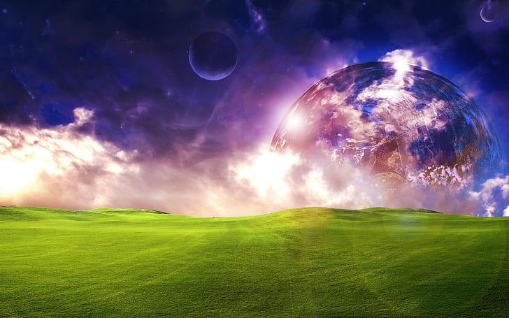 Superb Fantasy, green field with moon wallpaper, planet, scenery HD wallpaper
