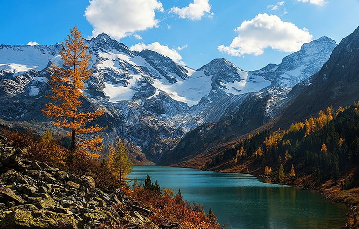 Russia, Altai Mountains, snow, water, nature, orange, green, HD wallpaper