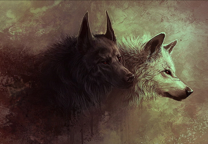 painting of two black and white fox, wolf, digital art, fantasy art