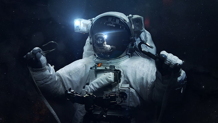 astronaut, spacewalk, universe exploration, brave, darkness, HD wallpaper