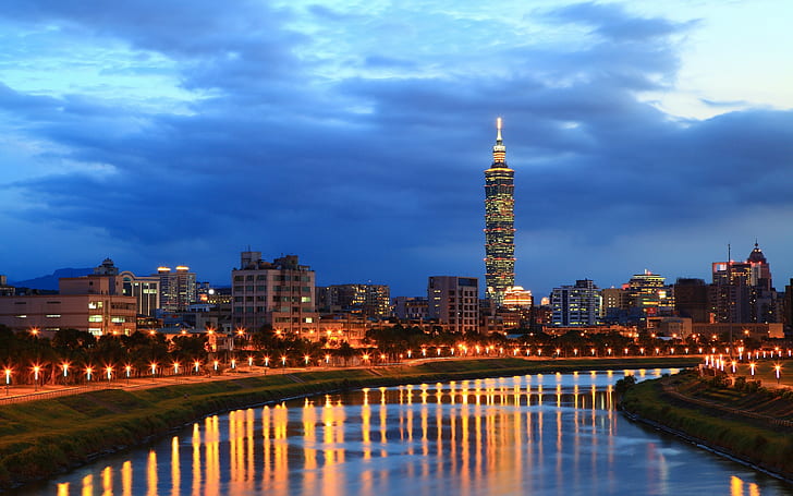 City night of Taipei, river, buildings, lights, HD wallpaper